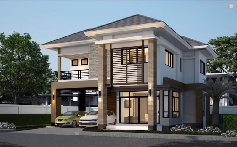 Nhà 2 tầng với kiến trúc hình khối rõ ràng, các đường nét dứt khoát mạnh mẽ. Ảnh: Kientrucsuvietnam.