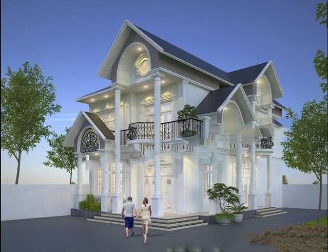 Nhà 2 tầng kiểu Pháp đã lược bỏ hoàn toàn chi tiết cầu kỳ mà vẫn giữ được các hình khối tỷ lệ hài hòa cùng đường nét hoa văn uyển chuyển. Ảnh: Xaydungso.