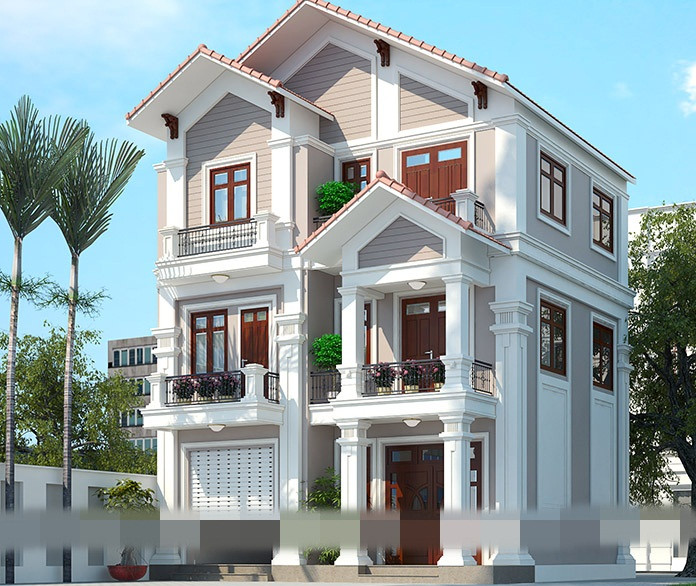 Biệt thự mái thái 3 tầng ấn tượng nhờ mặt tiền đăng đối vững chãi. Ảnh: Housevn.