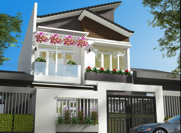 Bên cạnh kết cấu mái lệch, nhà phố 2 tầng còn cuốn hút ở sự xuất hiện của ban công và các ô cửa sổ khung kính duyên dáng. Ảnh: BlackBerry.