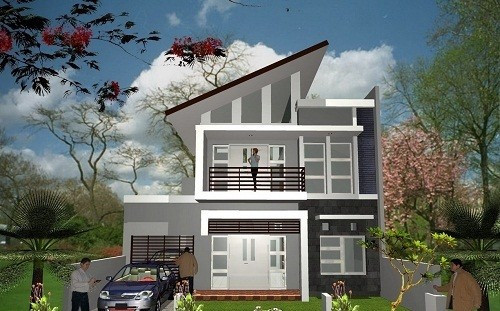 Nhà 2 tầng mái lệch sử dụng hệ cửa kính khung gỗ chất lượng cao. Ảnh: Ketcauxaydung24h.