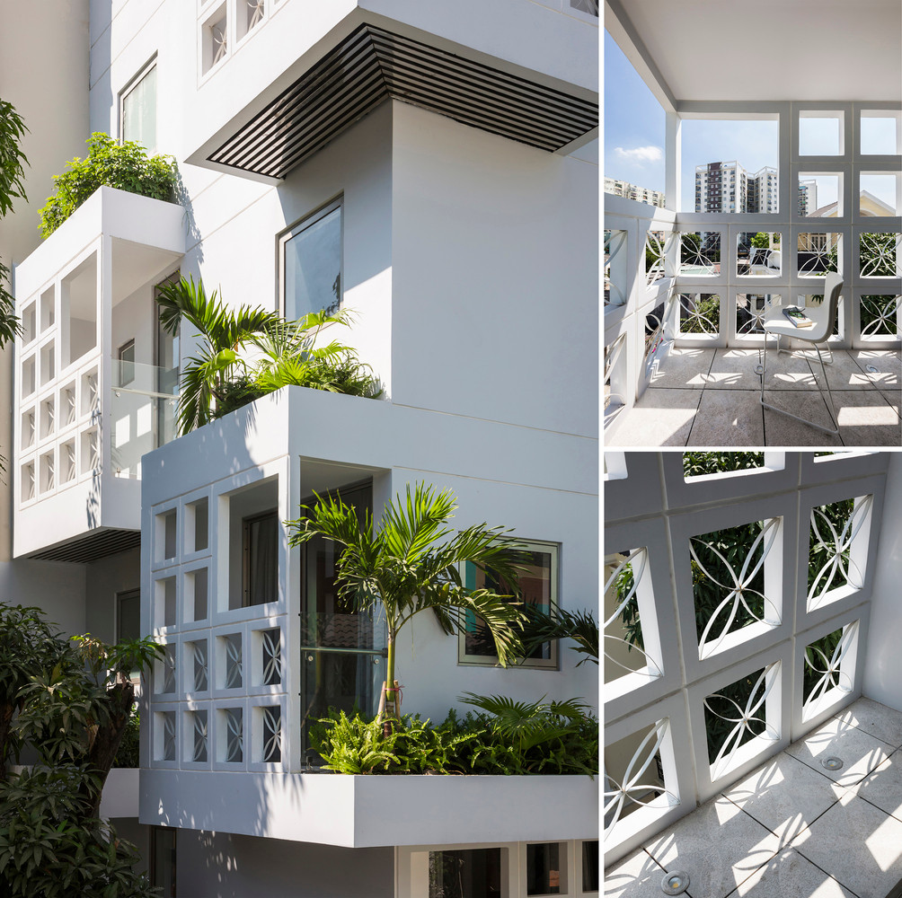 Mặt tiền là sự kết hợp của những khoảng trống với mái che và lá chắn gió tự nhiên bằng cây xanh.