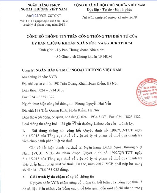 Vi pham thue 2017, Vietcombank bi phat truy thu gan 1,8 ty