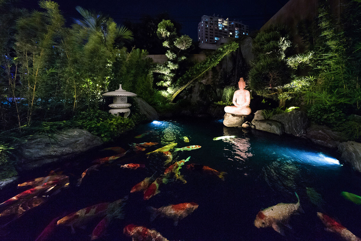 Trong sân vườn biệt thự còn có một hồ cá Koi tuyệt đẹp. Nguồn ảnh: QBI studio/Handhome.