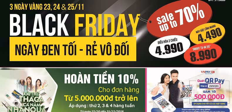 Hòa chung không khí ngày thứ 6 đen tối BlackFriday, điện máy Mediamart mang tới chương trình khuyến mại với hàng ngàn quà tặng cho khách mua hàng tại hệ thống trong 3 ngày vàng 23, 24 và 25/11/2018. Ảnh: Mediamart.