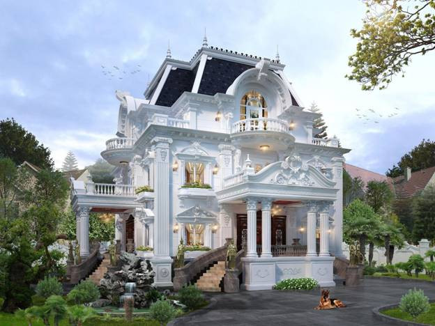 Khác với thiết kế mái vòm truyền thống, biệt thự chọn kiểu mái vòm vuông cách tân để mang đến vẻ đẹp vừa cổ kính vừa hiện đại. Ảnh: Wedo.