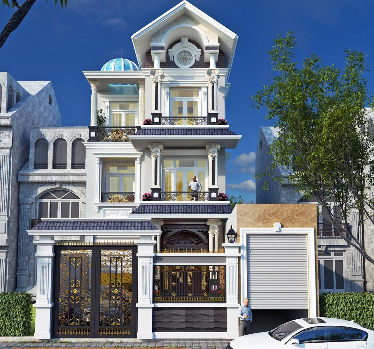 Khác với tông màu truyền thống của dòng kiến trúc cổ điển, biệt thự sử dụng tông màu trắng sơn giả đá cho toàn bộ hệ viền hoạ tiết cổ điển tạo sự thanh thoát và quyến rũ. Ảnh: Xaydungkienan.