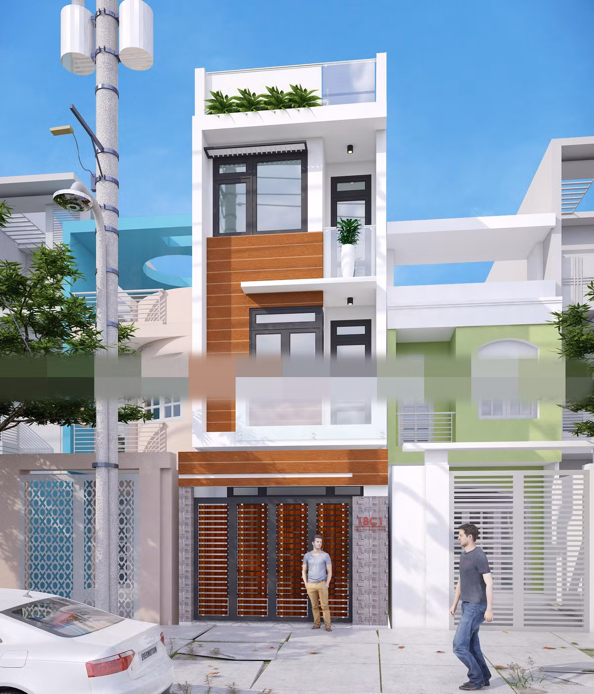 Ngôi nhà ấn tượng với gam màu nâu đất đỏ nổi bật trên nền trắng thanh thoát. Ảnh: Kienthietviet.