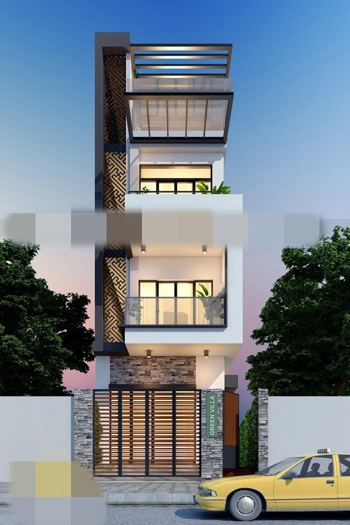 Tầng 1 của nhà ống được xây dựng lùi lại 2.5m để làm sân trước. Cổng 2 cánh thiết kế rộng vừa đủ cho ô tô có thể ra vào thoải mái. Ảnh: Tuvannhadep.