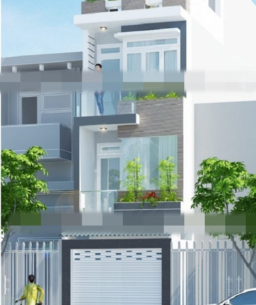  Mẫu nhà phố nổi bật với vóc dáng sang trọng, điểm nhấn là những đường viền xanh xám mát mẻ kết hợp hài hòa với sắc trắng nhẹ nhàng, chi tiết mái bằng đơn giản và gọn. Ảnh: Xaydungbietthudep.