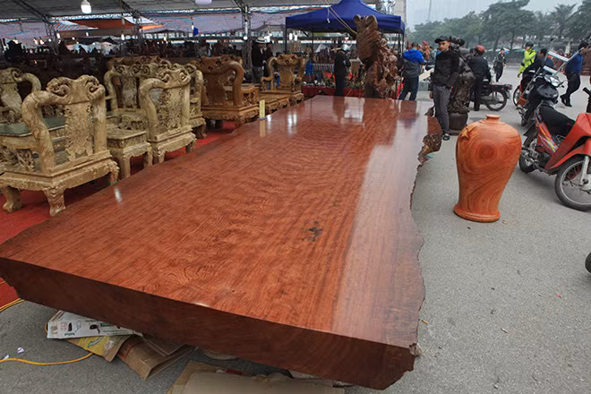 Trưng bày tại Hội chợ sinh vật cảnh ở Quảng trường Sân vận động Mỹ Đình (Hà Nội) hồi đầu năm 2018, chiếc sập gỗ Cẩm Lai dài 6.6m, rộng 2m và dày 20cm thu hút đông đảo sự chú ý của khách tham quan. Ảnh: Dân Việt.