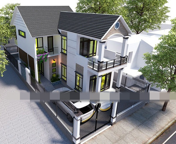 Ngôi nhà hình chữ L có 2 ban công hướng ra mặt tiền. Ban công phía trước thiết kế mái vòm tạo cảm giác mềm mại. Ban công phía sau được cách điệu bởi giàn hoa leo. Ảnh: Thietkehomexinh.