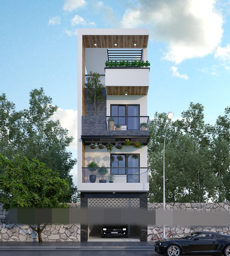 Nhà ống hiện đại 4 tầng có gara để xe tiện dụng. Ảnh: Shac.