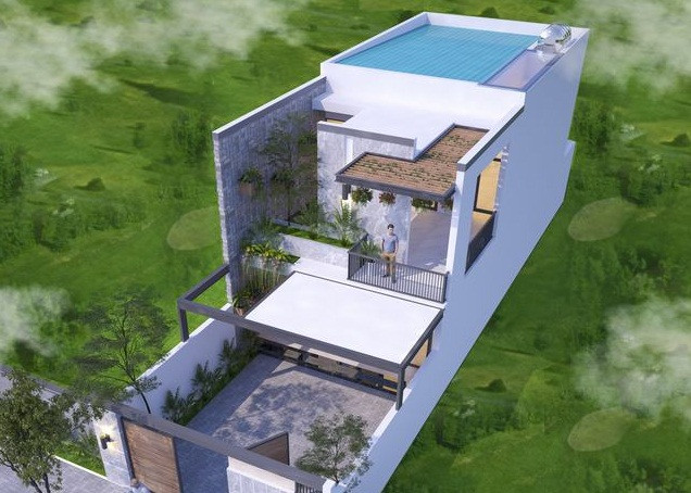 Nhà 2 tầng có chừa diện tích sân trước để xe. Sảnh hành lang chính sử dụng khung thép trên có mái che giúp hạn chế bụi và che mát cho khoảng sân. Ảnh: Thietkenhadepmoi.