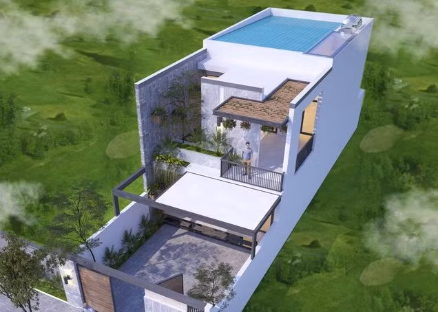 Nhà 2 tầng có chừa diện tích sân trước để xe. Sảnh hành lang chính sử dụng khung thép trên có mái che giúp hạn chế bụi và che mát cho khoảng sân. Ảnh: Thietkenhadepmoi.