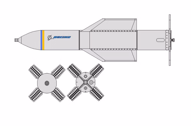 Ảnh 3 chiều của bom GBU-57A/B, cánh đuôi kiểu lưới là một trong những đặc trưng rõ rệt nhất của loại bom này.