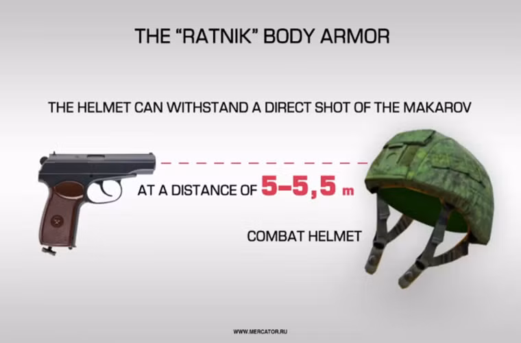 Mũ chống đạn của bộ quân trang chiến binh Ratnik này cũng có thể chống lại được cả đạn 9mm bắn từ một khẩu súng ngắn Makarov ở khoảng cách 5m.