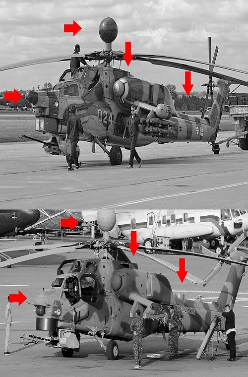 Hình ảnh so sánh giữa Mi-28N và Mi28NM. Thiết kế mới của Mi-28NM hướng tới giúp chiếc trực thăng này tăng cường khả năng tàng hình, bên cạnh đó hệ thống điều khiển hỏa lực của nó cũng được thay đổi cho phép Mi-28NM tham gia nhiều hơn vào các nhiệm vụ không chiến. Tốc độ bay của Mi-28NM cũng được tăng lên 600km/h so với Mi-28N chỉ đạt khoảng hơn 300km/h.