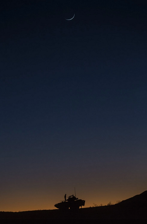 Ở hạng mục tranh ảnh thuộc về bức ảnh một chiếc xe bọc thép hạng nhẹ của Sư đoàn Lính thủy Đánh bộ số 1 dưới ánh hoàng hôn tại trung tâm huấn luyện Fort Irwin do Hạ sĩ Matthew Howe chụp vào cuối năm 2015.