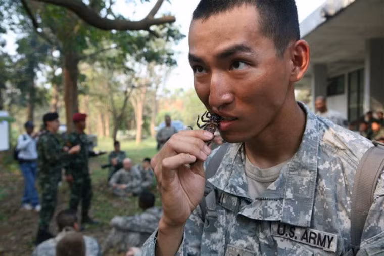 Một trong những hạng mục chủ yếu của cuộc tập trận này là các binh lính phải học cách sinh tồn trong điều kiện rừng rậm. Các binh sĩ phải học cách để ăn côn trùng thay cho những thực phẩm hàng ngày. Ảnh một lính Mỹ đang nhai con bò cạp.