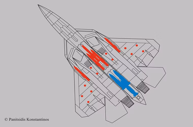 Trong ảnh là các điểm bố trí hệ thống vũ khí bên ngoài cánh và bên trong thân máy bay của Sukhoi T-50.