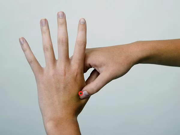 Tay. Huyệt này nằm ở phần thịt giữa ngón cái và ngón trỏ (Ảnh). Sử dụng ngón tay cái và ngón tay trỏ của bàn tay phải của mình, ấn lực sâu và chắc lên huyệt hợp cốc của bàn tay trái trong 5 đến 10 giây. Lặp lại với tay kia. Làm đến khi cơn đau biến mất. Khi bấm huyệt, cố gắng thư giãn và hít thở sâu.