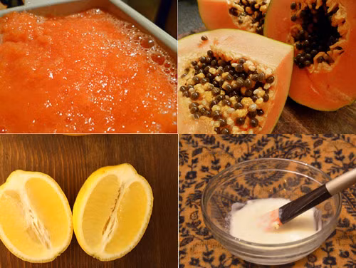 Đu đủ, chanh và sữa chua. Đu đủ là thực phẩm có khả năng làm sáng và trắng da chanh là thực phẩm có khả năng kháng khuẩn chống viêm hạn chế và giảm lông rất tốt, sữa chua giúp làm sợi lông mềm mại và yếu đi vì vậy đây là 1 hỗn hợp tuyệt vời cho công cuộc triệt lông tại nhà của bạn.