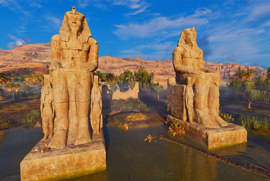 Cặp tượng còn gọi là El-Colossat và Es-Salamat, làm từ những khối thạch anh, được vận chuyển từ một địa điểm cách vị trí hiện tại tới 675 km. Hai pho "tượng đá biết hát" ở tư thế ngồi, tay đặt lên đầu gối, mặt hướng về phía sông Nile.