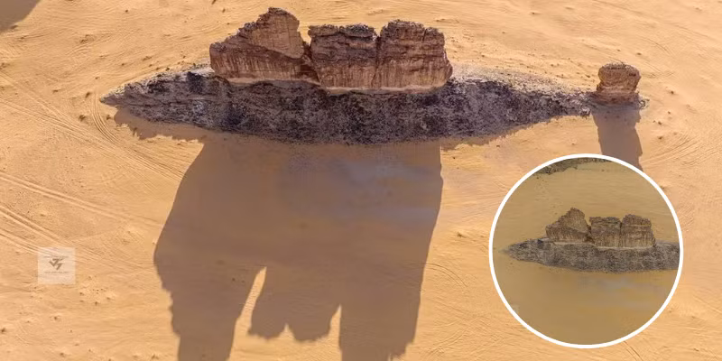 Nhà nhiếp ảnh đặt tên cho khối đá là Cá sa mạc. Trong cảnh quay bằng máy bay không người lái được Al Enazi ghi lại vào tháng 6 năm nay, khối đá trông y hệt một sinh vật dưới nước đang bơi giữa bãi cát vàng, cấu trúc giống như vây lưng của nó cũng khiến ta liên tưởng đến một con cá mập trồi lên để rình mồi.