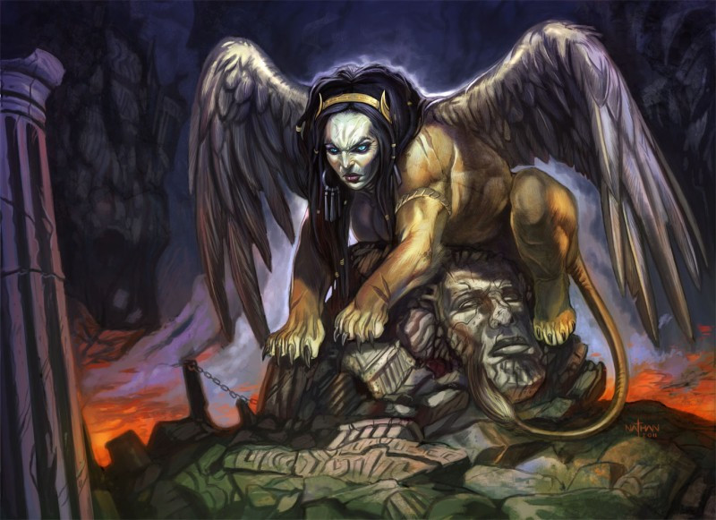 10. Nhân sư. Nhân sư là sinh vật được miêu tả mang hình hài tổng hợp: Đầu của người, cơ thể của sư tử, cánh giống một con đại bàng và đuôi của rắn. Nhân sư khá phổ biến trong nền văn hóa Ai Cập cổ đại và cho đến ngày nay, chúng ta vẫn bắt gặp những pho tượng Nhân sư tại Giza.