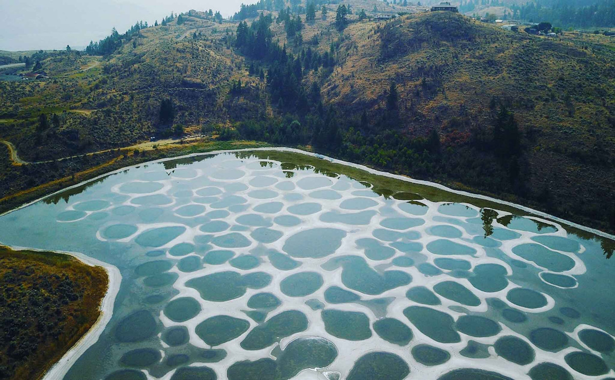 4. Hồ Spotted, Osoyoos, Canada. Chiếc hồ kì lạ này nằm trong sa mạc British Columbia có chứa một lượng lớn khoáng chất, bao gồm canxi và natri sunfat. Vào mùa hè, khi nước bốc hơi, các khoáng chất được giải phóng ra hơn 300 hồ nhỏ riêng biệt.