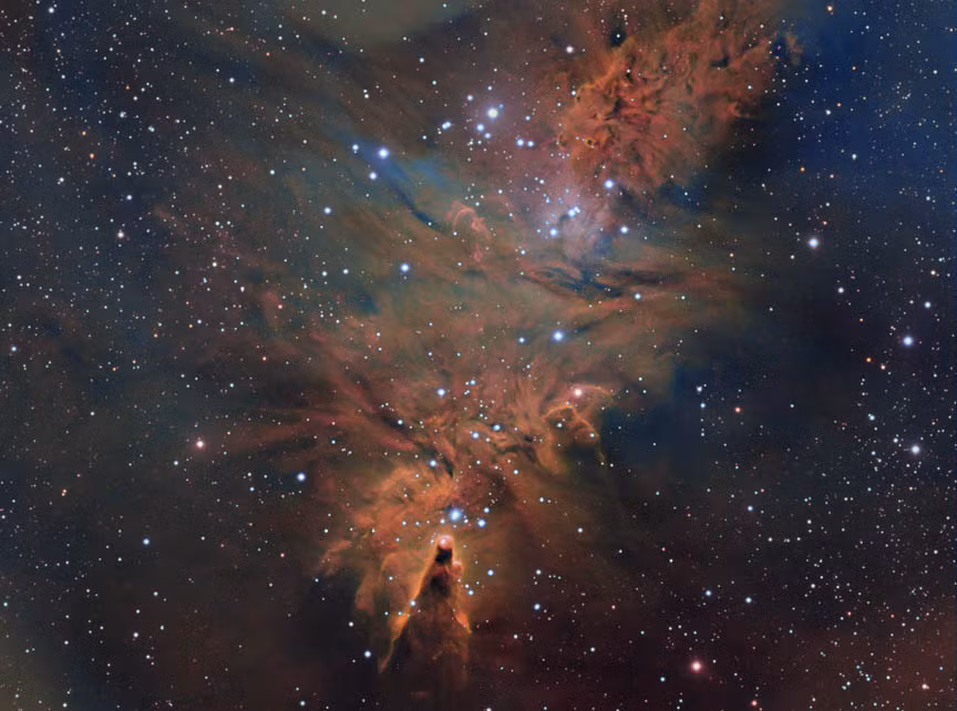 Trong hình ảnh được chụp bằng Máy giảm tiêu cự / Quang phổ phân tán thấp 2 (FORS2) của VLT, có thể thấy khí hydro có màu xanh lam và khí lưu huỳnh có màu đỏ. Thay vì xuất hiện với màu xanh lam thông thường, các ngôi sao trẻ trong tinh vân trông gần giống như những ánh vàng lấp lánh.