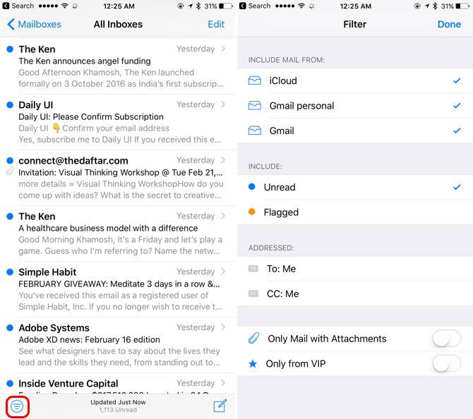2. Tính năng lọc thư. Bạn có thể sử dụng các bộ lọc để tạm thời chỉ hiển thị các thư nhất định trên iPhone – các thư đáp ứng tất cả các tiêu chí mà bạn chọn trong danh sách bộ lọc. Ví dụ: nếu bạn chọn “Chưa đọc” và “Chỉ thư có tệp đính kèm”, bạn sẽ chỉ nhìn thấy các email chưa đọc có tệp đính kèm.