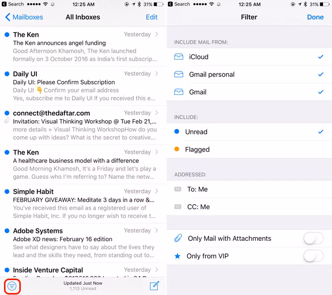 2. Tính năng lọc thư. Bạn có thể sử dụng các bộ lọc để tạm thời chỉ hiển thị các thư nhất định trên iPhone – các thư đáp ứng tất cả các tiêu chí mà bạn chọn trong danh sách bộ lọc. Ví dụ: nếu bạn chọn “Chưa đọc” và “Chỉ thư có tệp đính kèm”, bạn sẽ chỉ nhìn thấy các email chưa đọc có tệp đính kèm.