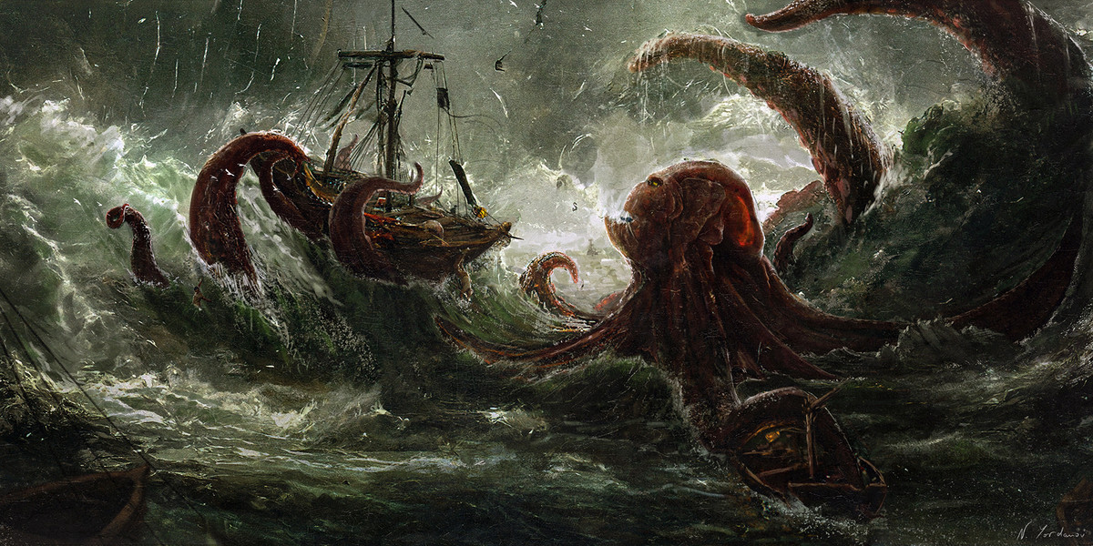 4. Thủy quái Kraken. Loài thủy quái nguy hiểm đã bị phát hiện cách đây hàng trăm năm ở ngoài khơi vùng biển Kraken của nước Anh. Với các vòi dài hàng chục mét, nó đã quật ngã nhiều con tàu rồi lôi xuống đại dương. Đây là câu chuyện là hư cấu dựa trên căn bản sự thật.