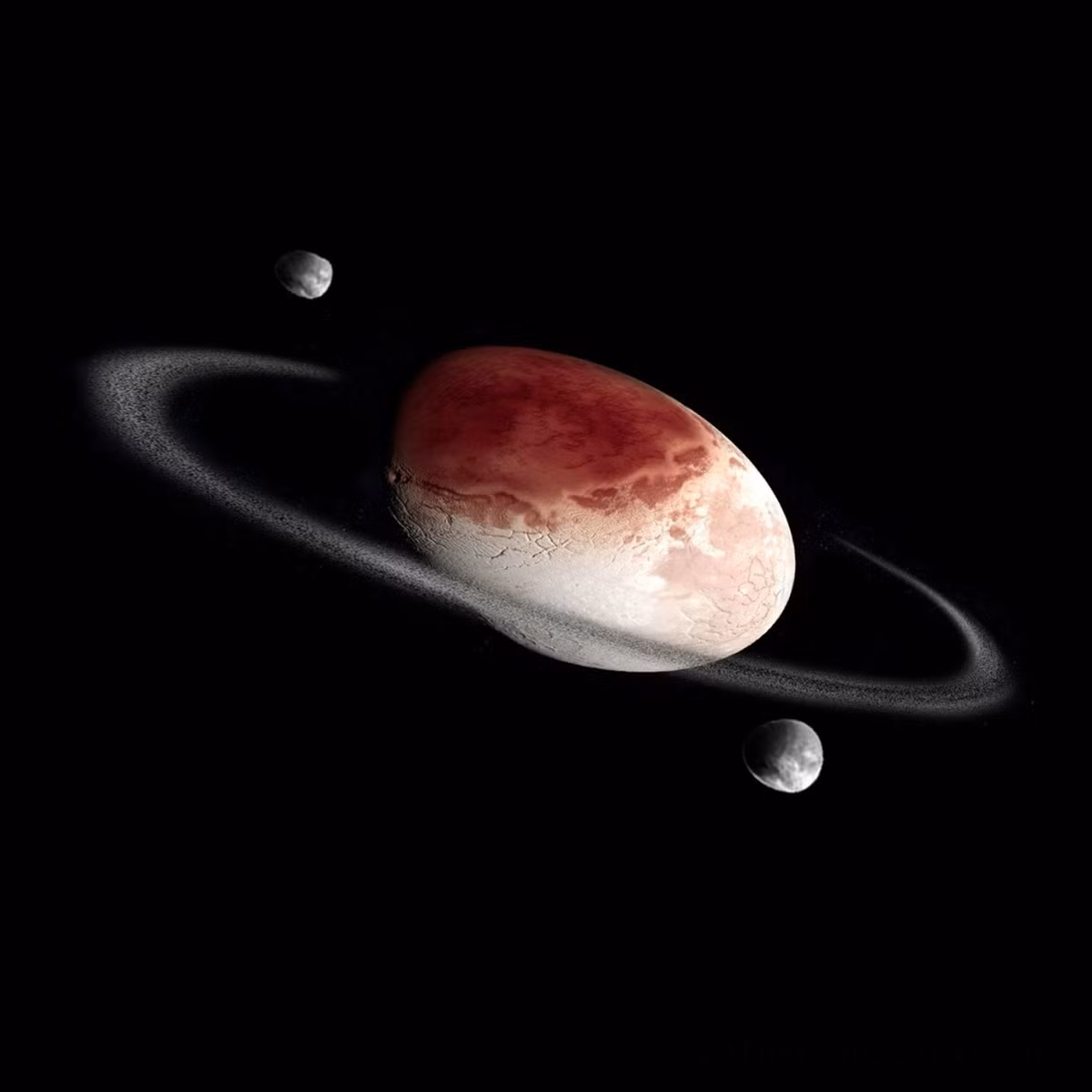 6. Hành tinh lùn Haumea, quay quanh Vành đai Kuiper ngoài Sao Hải Vương, là một vật thể rất bất thường. Vào năm 2017, Haumea thậm chí còn kỳ lạ hơn khi các nhà thiên văn quan sát nó di chuyển phía trước một ngôi sao và nhận thấy những vòng tròn cực mỏng quay xung quanh nó. Đây có thể là kết quả của một vụ va chạm trong quá khứ xa xôi.