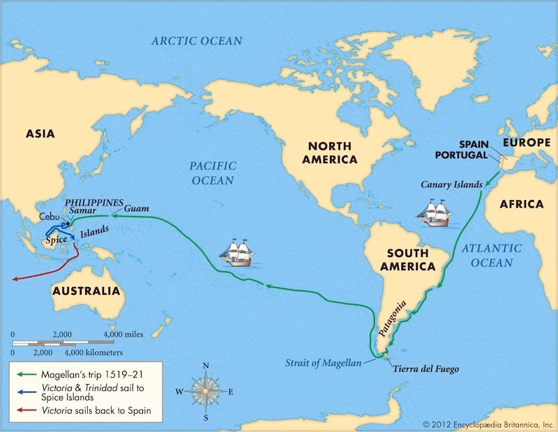 4. Không chỉ có Columbus, một người châu Âu khác cũng đã đi khắp đại dương để tìm kiếm gia vị. Ferdinand Magellan, sinh năm 1480 ở Bồ Đào Nha, là một người lính và thủy thủ được chính quyền Tây Ban Nha giao chỉ huy chuyến thám hiểm để tìm tuyến đường phía tây tới các đảo trồng gia vị ở Indonesia.