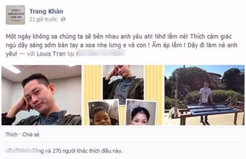 Những thông tin đăng tải cách đây khá lâu của Trang Trần cho thấy cô và Louis Trần có một mối tình khá đẹp. Louis Trần cũng chính là người đã chăm sóc Bảo Bảo - con nuôi của Trang Trần khi cậu bé ở Mỹ chữa bệnh. Thời gian này, Trang Trần tập trung cho việc kinh doanh và chăm sóc sức khỏe. Khá nhiều người cầu chúc sức khỏe cho mẹ con cô.