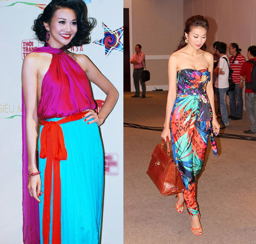 Khi làm ban giám khảo chấm thi của cuộc thi Siêu mẫu Việt Nam 2011, siêu mẫu Thanh Hằng diện một bộ jumpsuit Salvatore (ảnh trái) có giá 100 triệu đồng và đôi sandal cùng hãng gần 50 triệu đồng. Bộ váy (ảnh phải) cũng trị giá hơn 100 triệu đồng.