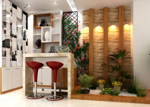 Một góc nhỏ trong phòng có thể tận dụng để tạo thành những tiểu cảnh bắt mắt. Dễ dàng nhất, gia chủ có thể sắp xếp các chậu cảnh thành một khu vườn mini. Cách này khá tiết kiệm chi phí thi công, chống thấm.