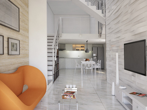 Hoa hậu Ngọc Hân cũng mới cải tạo không gian sống của mình. Cũng chọn tông màu trắng, xám làm chủ đạo, phòng khách của người đẹp được nhấn nhá bằng các đồ nội thất gam màu nóng (cam, đỏ).