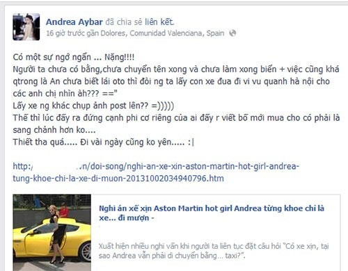 Trước lùm xùm xe đi mượn, Andrea từng lên tiếng phản pháo dư luận. Người mẫu nêu lí do rằng chưa có bằng, chưa biết lái ô tô... để biện minh cho việc cô nàng không xuất hiện cùng chiếc Aston Martin đắt tiền.