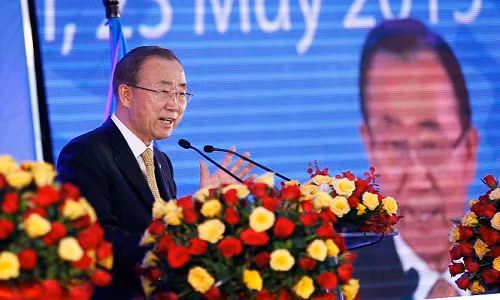 Tổng thư ký Liên hiệp quốc Ban Ki Moon phát biểu tại buổi lễ khánh thành ngôi nhà xanh của Liên hiệp quốc tại Việt Nam, ông Ban khẳng định: Ngôi nhà LHQ ở Việt Nam là tòa nhà văn phòng hiệu quả năng lượng và thân thiện môi trường nhất trong khu vực, và là bằng chứng cho sự nhất quán và hợp tác giữa các tổ chức LHQ - Ảnh: Nguyễn Khánh