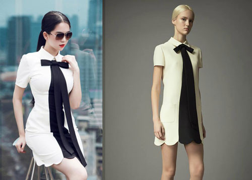 Nhiều tín đồ thời trang "mổ xẻ" chiếc váy này có nhiều điểm tương đồng với chiếc váy nhái của Valentino mà người mẫu Ngọc Trinh từng rao bán với giá 3,2 triệu đồng.