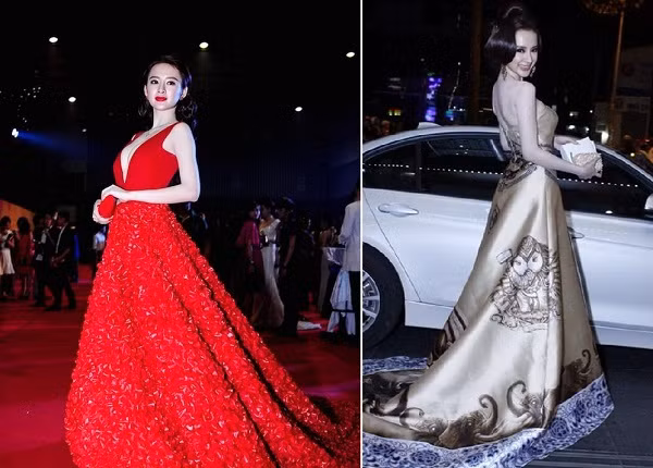 Mỗi lần xuất hiện tại các sự kiện, Angela Phương Trinh sẵn sàng đầu tư cho những bộ cánh đắt tiền. Trong đó, bộ váy thiết kế hàng nghìn cánh hoa hồng và 10.000 viên pha lê của nhà thiết kế Minh Tú được cô mặc đặc biệt gây chú ý (ảnh trái). Bộ váy ước tính trị giá hơn 400 triệu đồng.