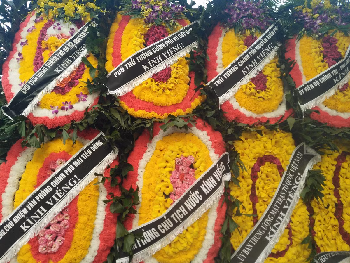 Những vòng hoa của các lãnh đạo đảng nhà nước, các cơ quan đoàn thể như một sự ghi nhận đối với sự đóng góp của vợ chồng cụ Hoàng Thị Minh Hồ cho đất nước.