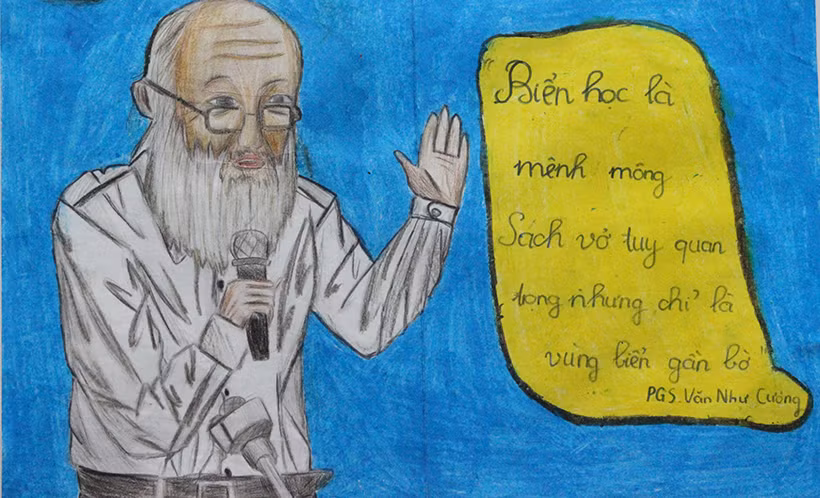 Bên cạnh những bức ảnh chụp, thì tại buổi triển lãm còn trưng bày những bức vẽ ngộ nghĩnh về thầy Văn Như Cương do chính các em học sinh trường Lương Thế Vinh vẽ.