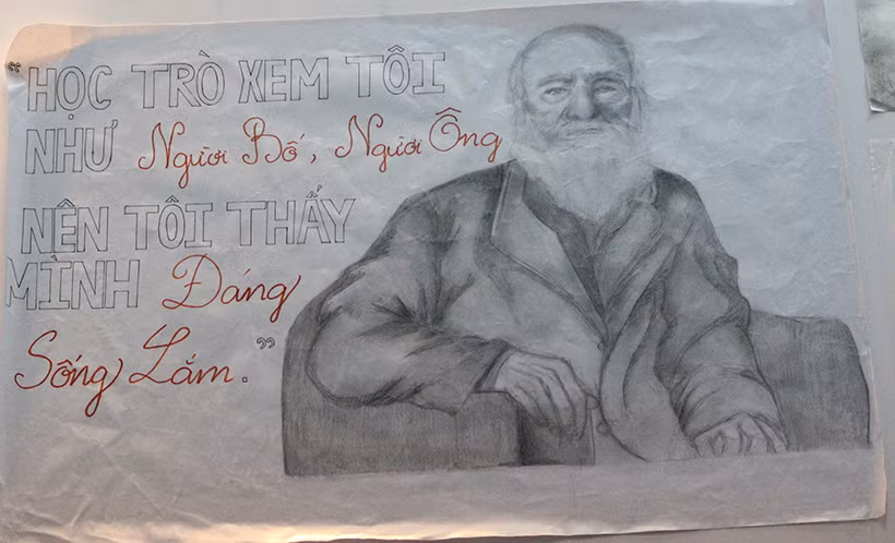 Câu nói ấn tượng của thầy được lưu lại qua bức vẽ của học sinh trường Lương Thế Vinh.