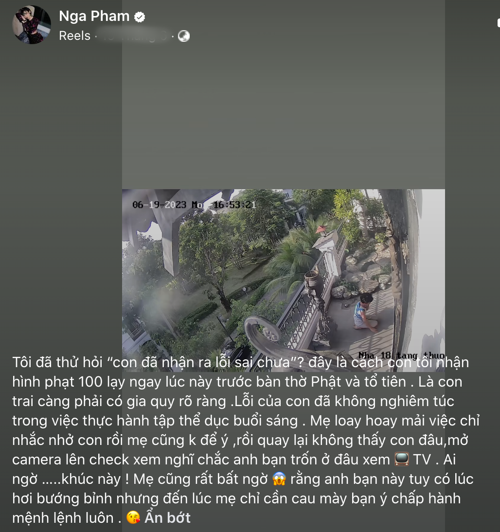 Mới đây, vợ hai Minh Nhựa gây chú ý khi chia sẻ về cách dạy con trai. Khi con trai phạm lỗi sai trốn tập thể dục buổi sáng, Mina Phạm không dùng đòn roi trách phạt mà yêu cầu bé quỳ lạy 100 cái.