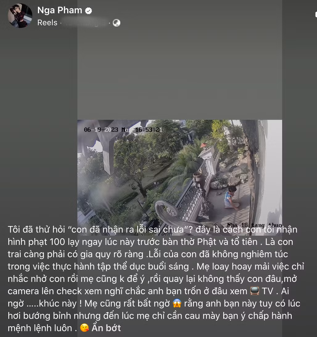 Mới đây, vợ hai Minh Nhựa gây chú ý khi chia sẻ về cách dạy con trai. Khi con trai phạm lỗi sai trốn tập thể dục buổi sáng, Mina Phạm không dùng đòn roi trách phạt mà yêu cầu bé quỳ lạy 100 cái.